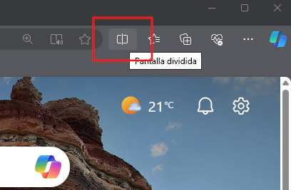 Captura de pantalla que muestra la característica de pantalla dividida en Microsoft Edge.