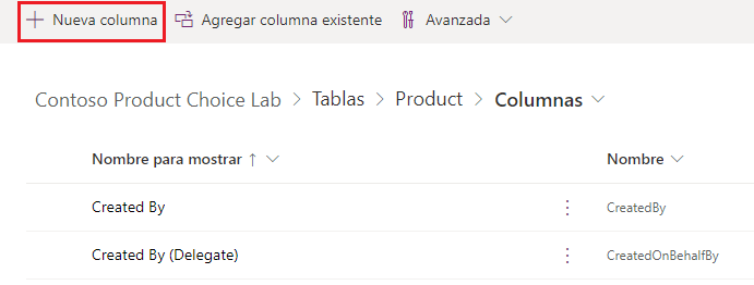Captura de pantalla de la vista Columnas y el botón para agregar nueva columna