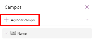 Captura de pantalla del botón Agregar campo en el panel Campos de Power Apps