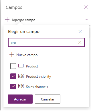 Captura de pantalla de la sección Elegir un campo, con las columnas seleccionadas y el botón Agregar