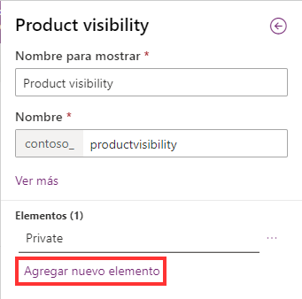 Captura de pantalla de Agregar nueva opción en el panel Nueva opción