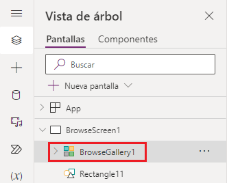 Captura de pantalla del control BrowseGallery1 resaltado en la vista de árbol