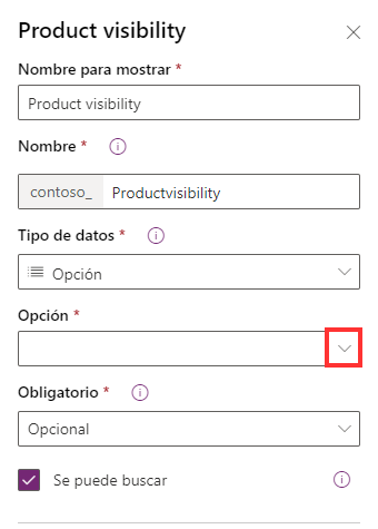 Captura de pantalla del tipo de datos de columna Opción en Power Apps