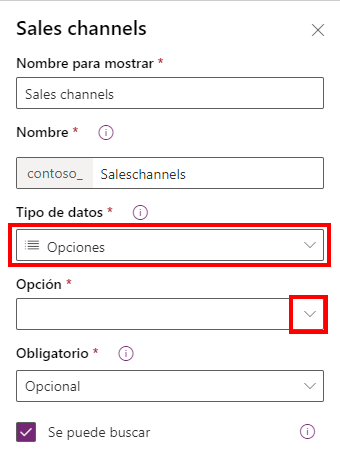 Captura de pantalla del tipo de datos de columna Opciones en Power Apps