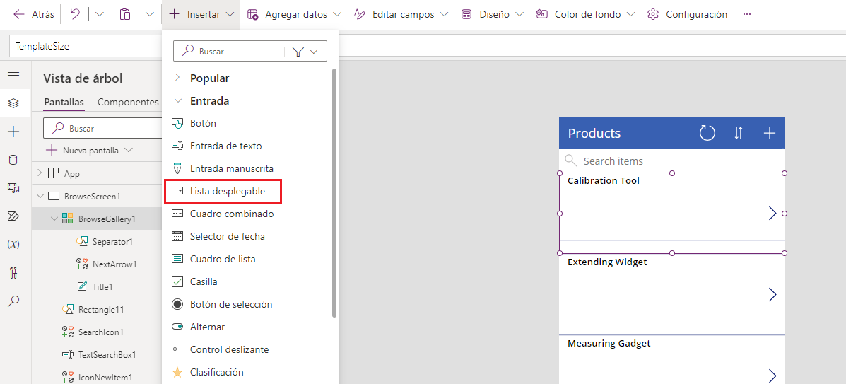 Captura de pantalla de la selección de Insertar > Entrada > Desplegable en Power Apps