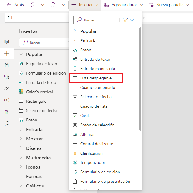 Captura de pantalla del control desplegable Insert, que muestra la entrada seleccionada con la opción Desplegable resaltada
