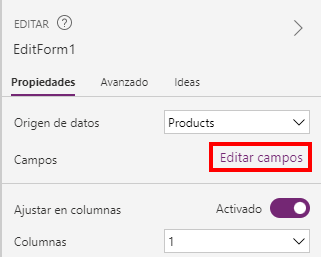 Captura de pantalla de la opción Editar campos en la pestaña Propiedades de EditForm1