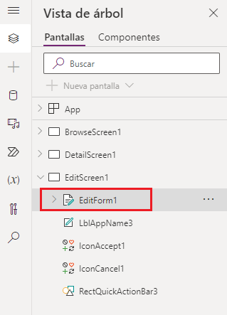 Captura de pantalla del control EditForm1 resaltado en la pestaña Vista de árbol en Power Apps