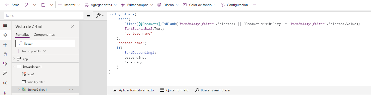 Captura de pantalla de la fórmula OnSelect de la galería en el campo Elementos