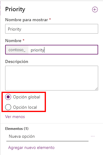 Captura de pantalla de las propiedades de la columna de opción en la interfaz del creador, en la que se resaltan las posibilidades de Opción global y Opción local