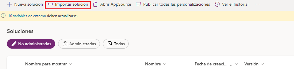 Captura de pantalla del botón Importar solución en Power Apps