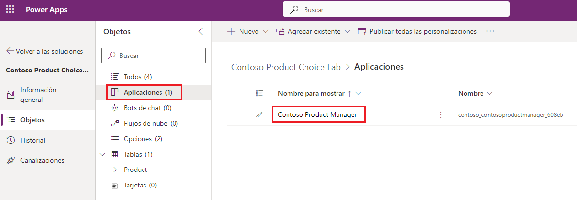 Captura de pantalla de la sección Soluciones > Laboratorio de opciones de productos de Contoso, con la aplicación Administrador de productos de Contoso resaltada