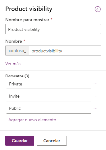 Captura de pantalla de los elementos de opción en Power Apps