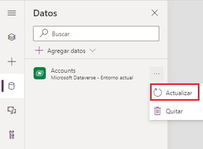 Captura de pantalla de un elemento de menú Actualizar en un menú emergente para una tabla de Dataverse. El menú se invoca seleccionando los puntos suspensivos junto a la tabla