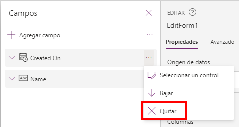 Captura de pantalla del botón Quitar seleccionado en la lista desplegable de la columna Fecha de creación