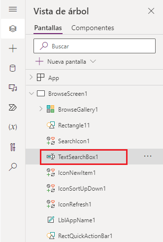 Captura de pantalla del control TextSearchBox1 en la vista de árbol en Power Apps