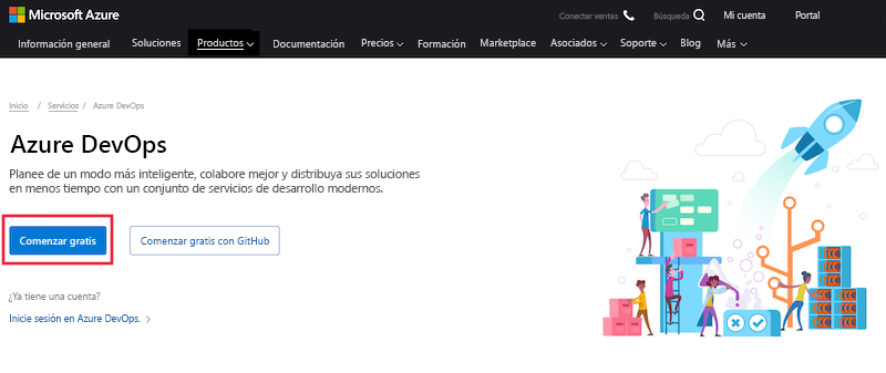 Screenshot of the Azure DevOps home page, with link to Start Free highlighted.
