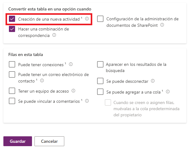 Captura de pantalla que muestra la casilla de verificación habilitar tabla para actividad