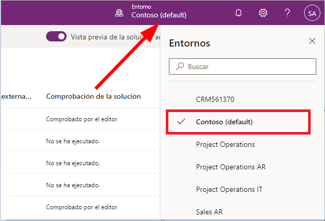 Captura de pantalla que muestra el nombre del entorno