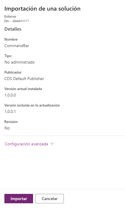 Captura de pantalla que muestra el cuadro de diálogo para importar una solución
