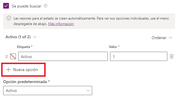 Captura de pantalla que muestra el botón agregar nueva opción