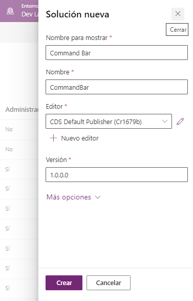 Captura de pantalla que muestra las propiedades de la nueva solución