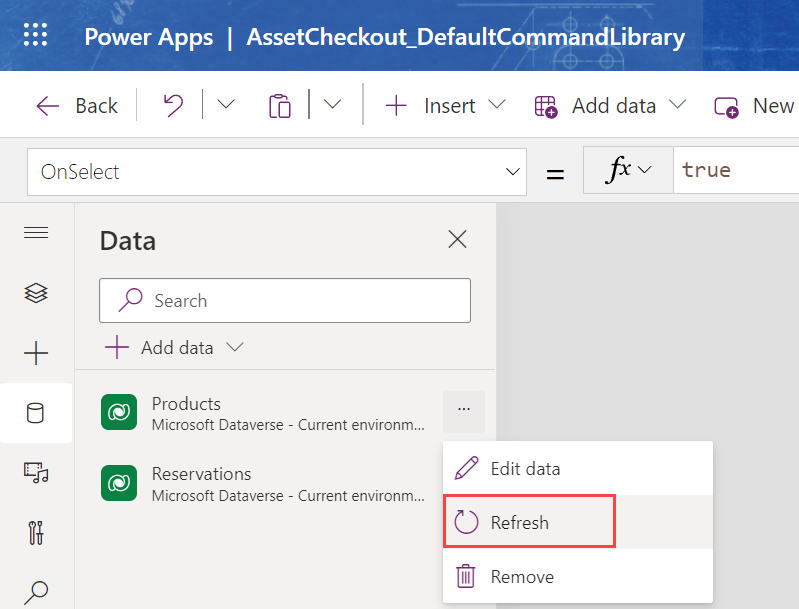 Captura de pantalla que muestra la actualización del origen de datos