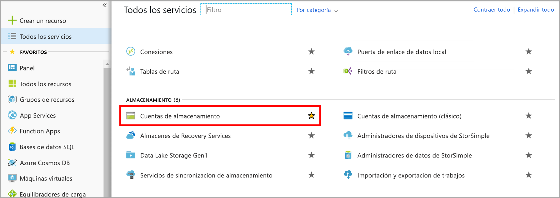Screenshot of the All services pane with the Storage accounts category highlighted.