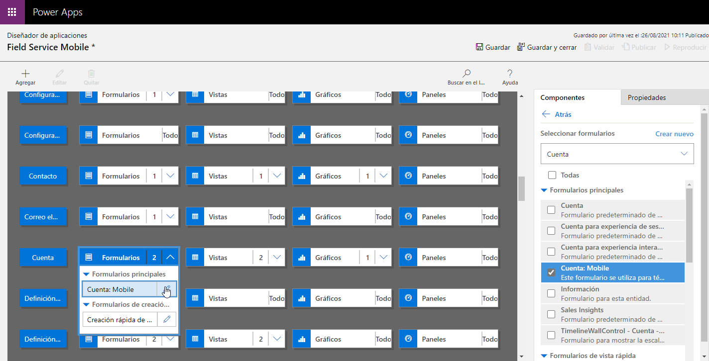 Captura de pantalla de la página Diseñador de aplicaciones en Power Apps, que muestra la edición de la aplicación Field Service Mobile