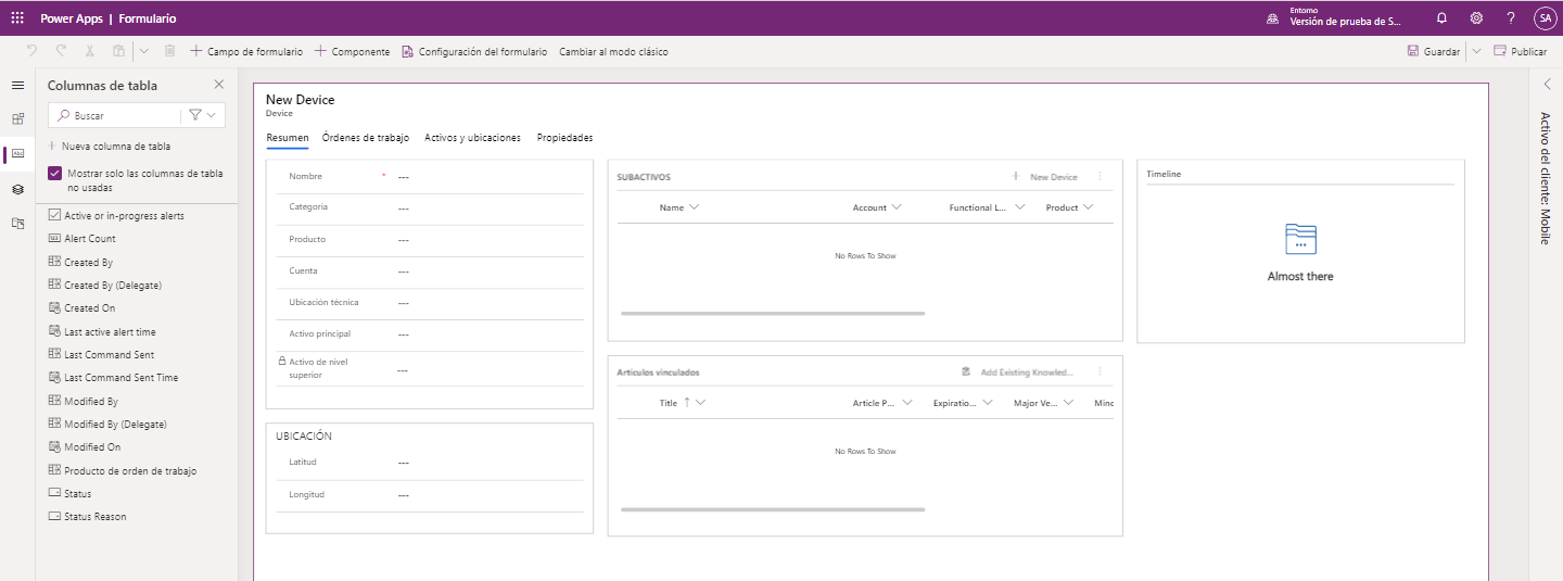 Captura de pantalla del formulario Activos del cliente en Microsoft Power Apps
