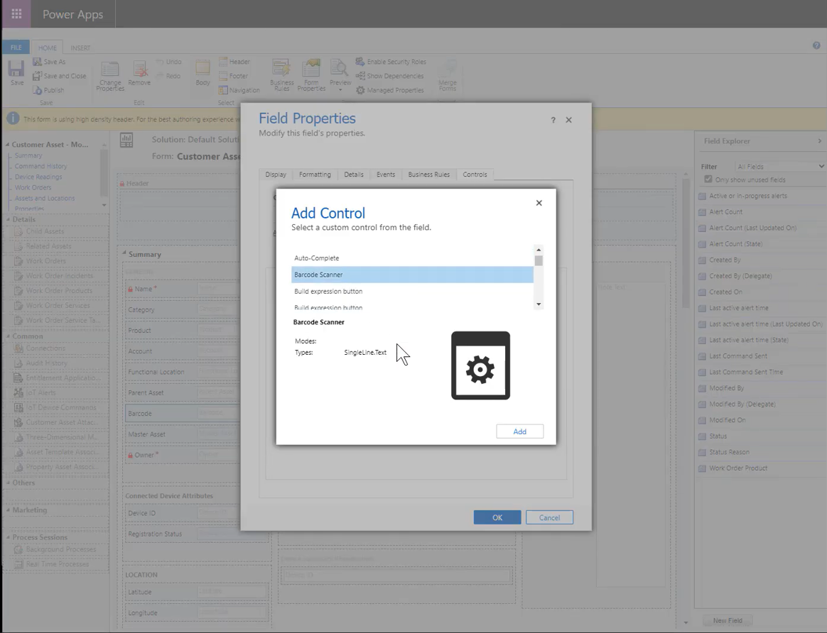 Captura de pantalla del cuadro de diálogo Agregar control en Power Apps