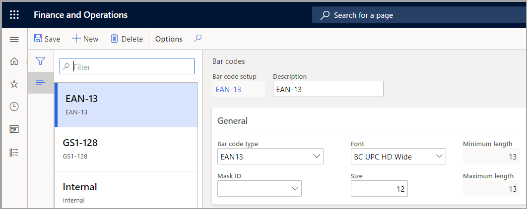 Captura de pantalla de la ficha desplegable General de la página Configuración de código de barras