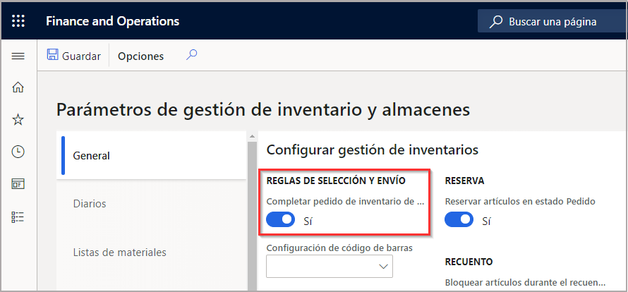 Captura de pantalla de la opción Completar pedido de inventario de salida establecida en Sí.