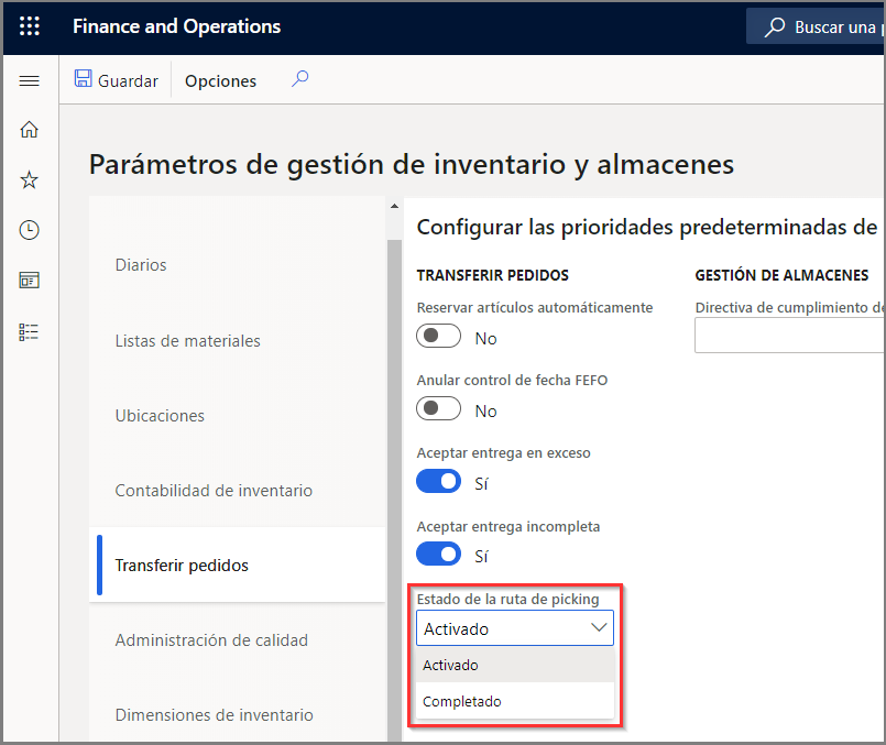 Captura de pantalla del campo Estado de la ruta de selección en la pestaña Órdenes de transferencia