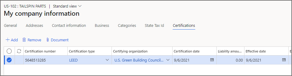 Captura de pantalla de la pestaña Certificaciones del espacio de trabajo Información del proveedor