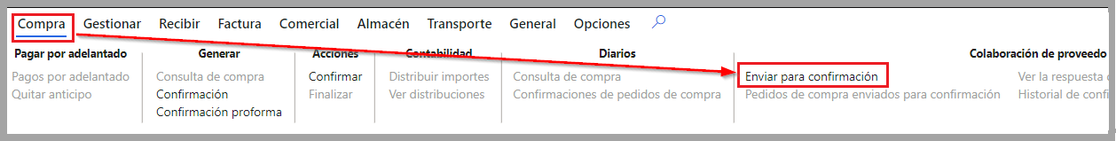 Captura de pantalla de la pestaña Compra en el Panel de acciones y el botón Enviar para confirmación.