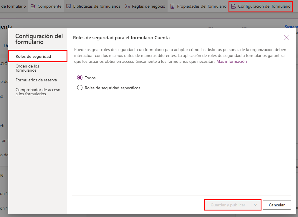 Captura de pantalla de la configuración del formulario, en la que se muestra la pestaña Roles de seguridad