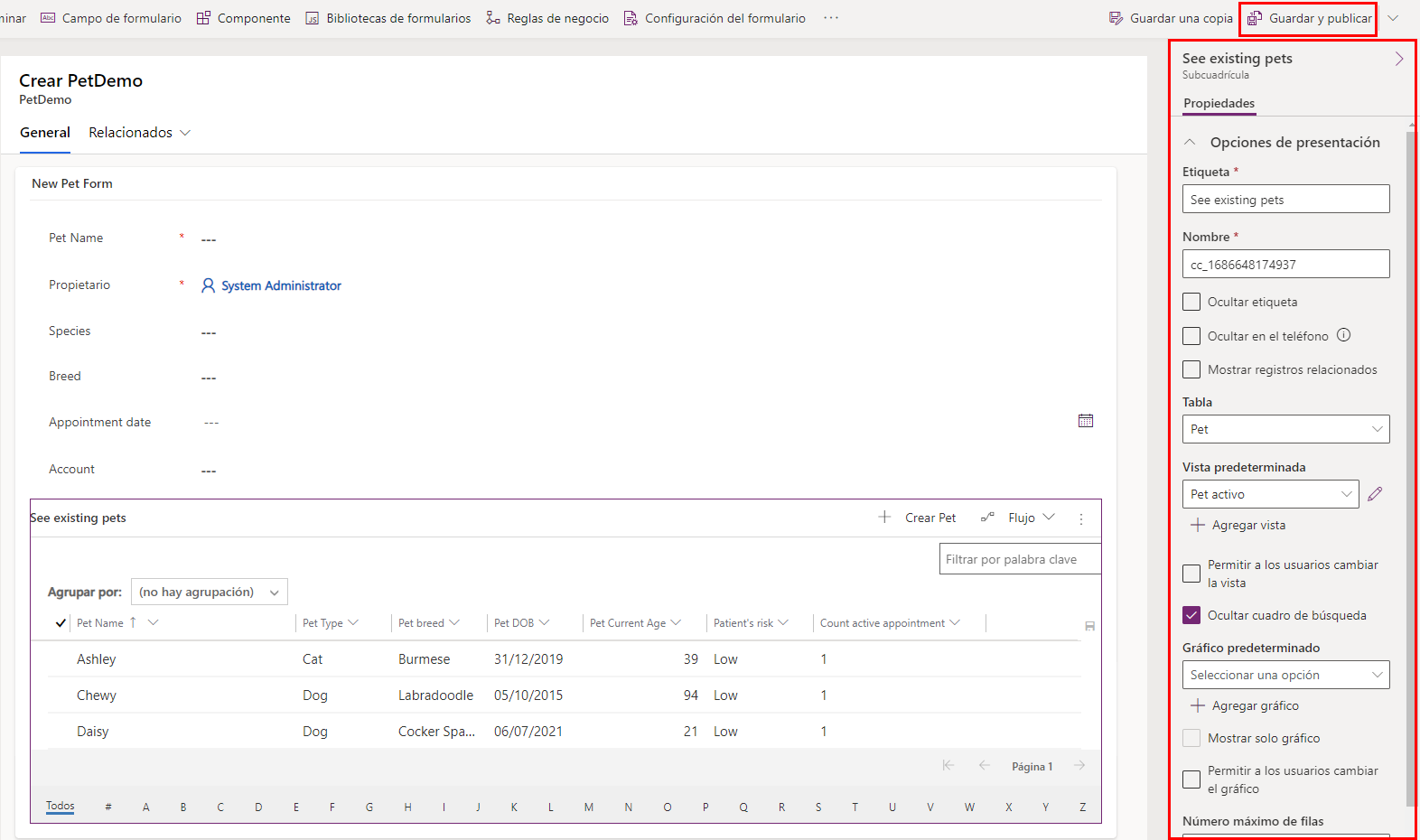 Captura de pantalla del formulario en el que se muestra una cuadrícula editable agregada, con las opciones para visualizar, guardar y publicar resaltadas