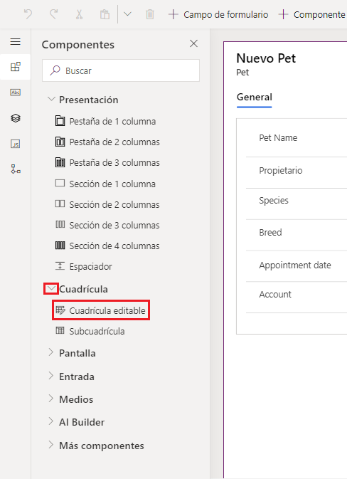 Captura de pantalla del menú de los componentes, con el campo Cuadrícula expandido y la opción Cuadrícula editable seleccionada
