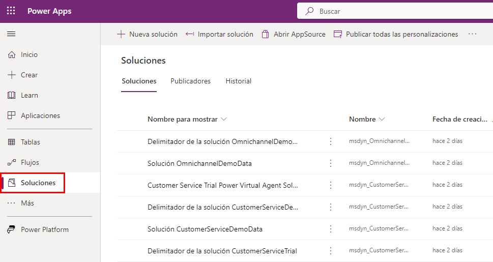 Captura de pantalla de la página de inicio de make.powerapps, con soluciones resaltadas