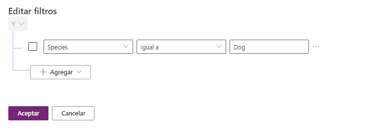 Captura de pantalla del panel Editar filtros, con la condición