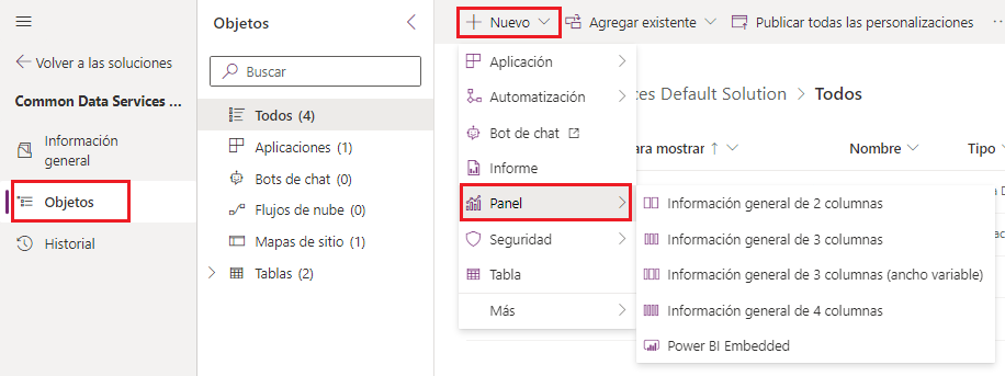 Captura de pantalla del panel nuevo del menú Objetos, en la que se muestran las opciones de Panel en un control flotante