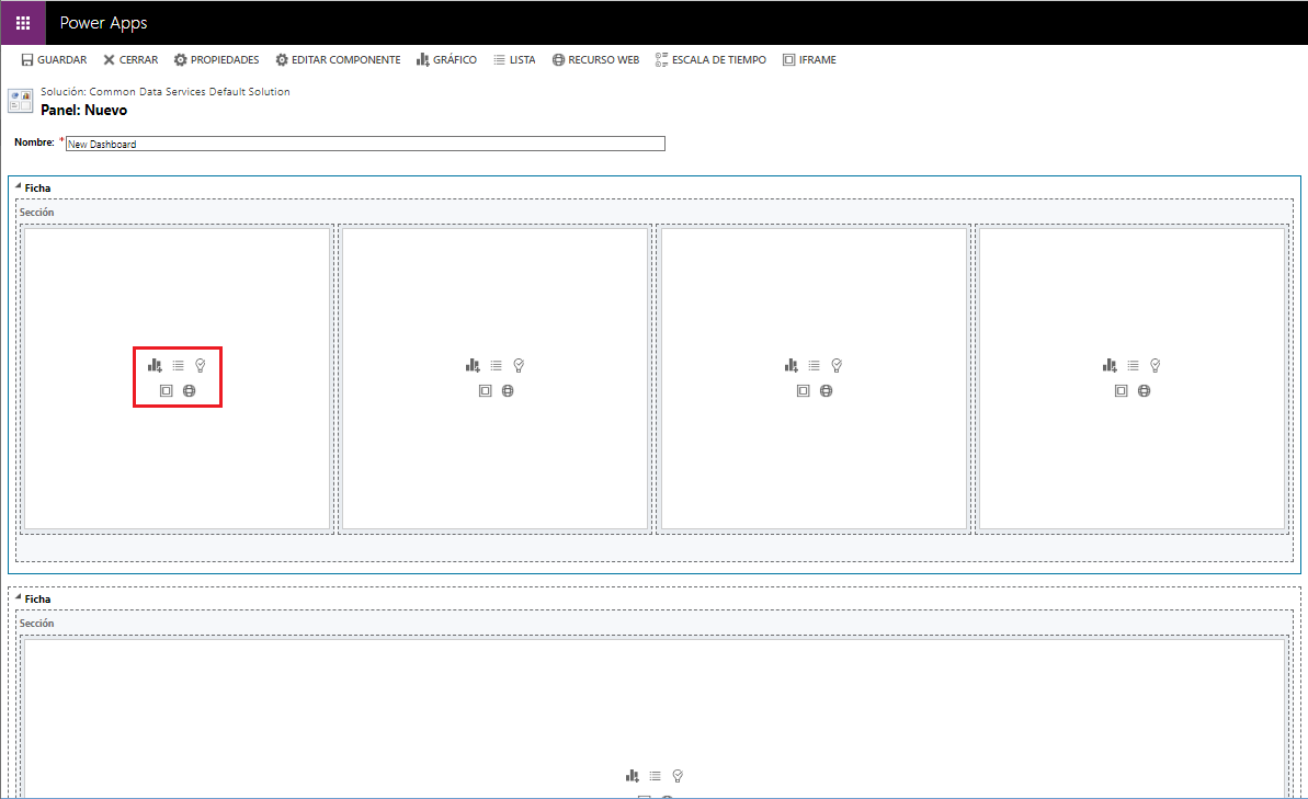 Captura de la pantalla Nuevo panel de información, en la que se muestran secciones basadas en la selección de la pantalla anterior