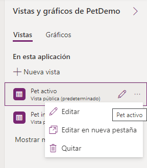 Captura de pantalla de las opciones para administrar vistas