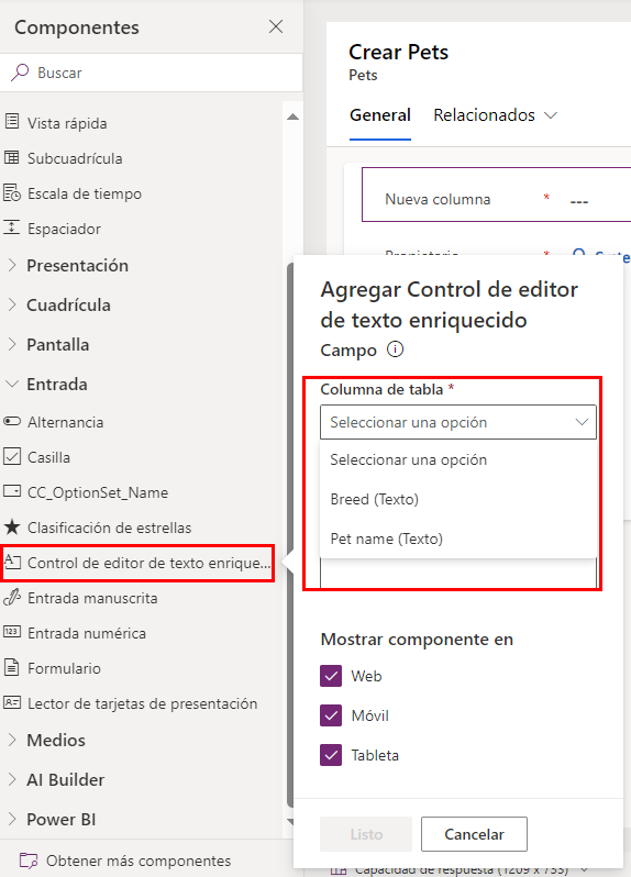 Captura de pantalla de una ventana emergente en la que se muestran las opciones de columna de tabla