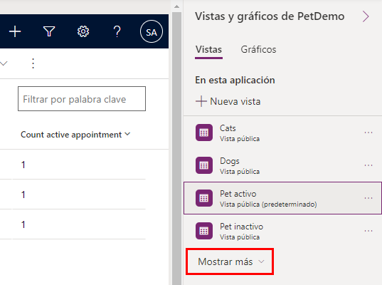 Captura de pantalla del panel de propiedades de vistas, con el botón Mostrar más resaltado