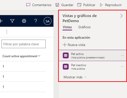 Captura de pantalla del panel de propiedades para las vistas
