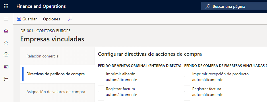 Captura de pantalla de los parámetros de entrega directa en la página Configurar directivas de acciones de compra.