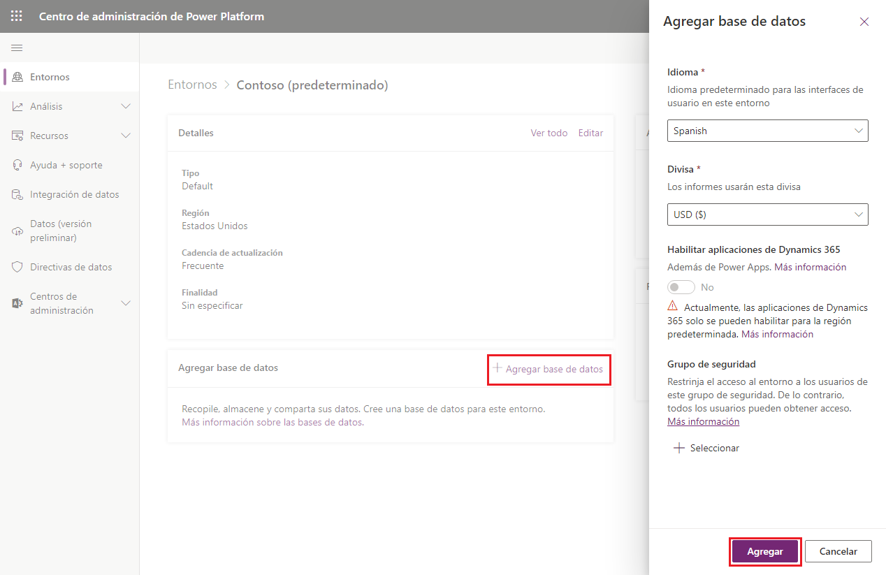 Captura de pantalla del botón Agregar campo en el panel Agregar base de datos