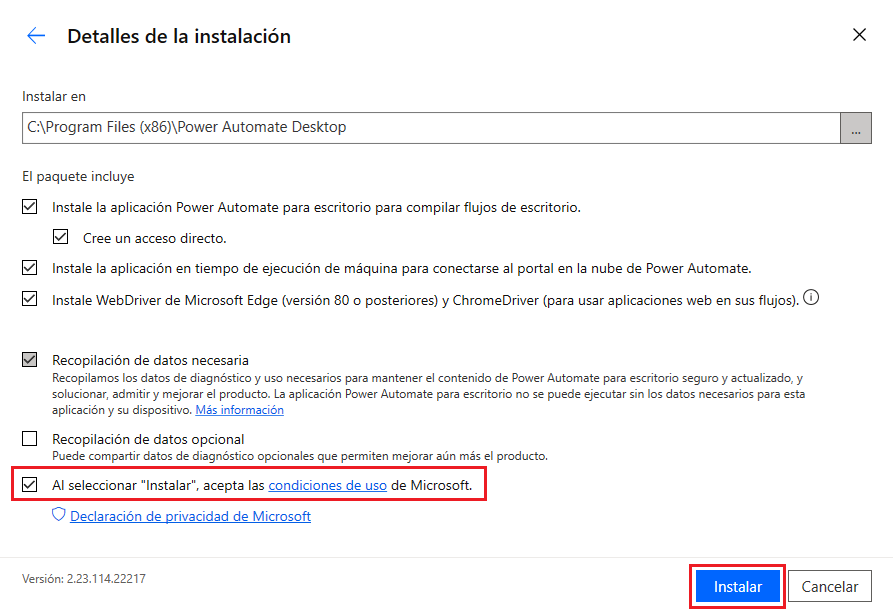 Captura de pantalla de los detalles de la instalación y el botón Instalar